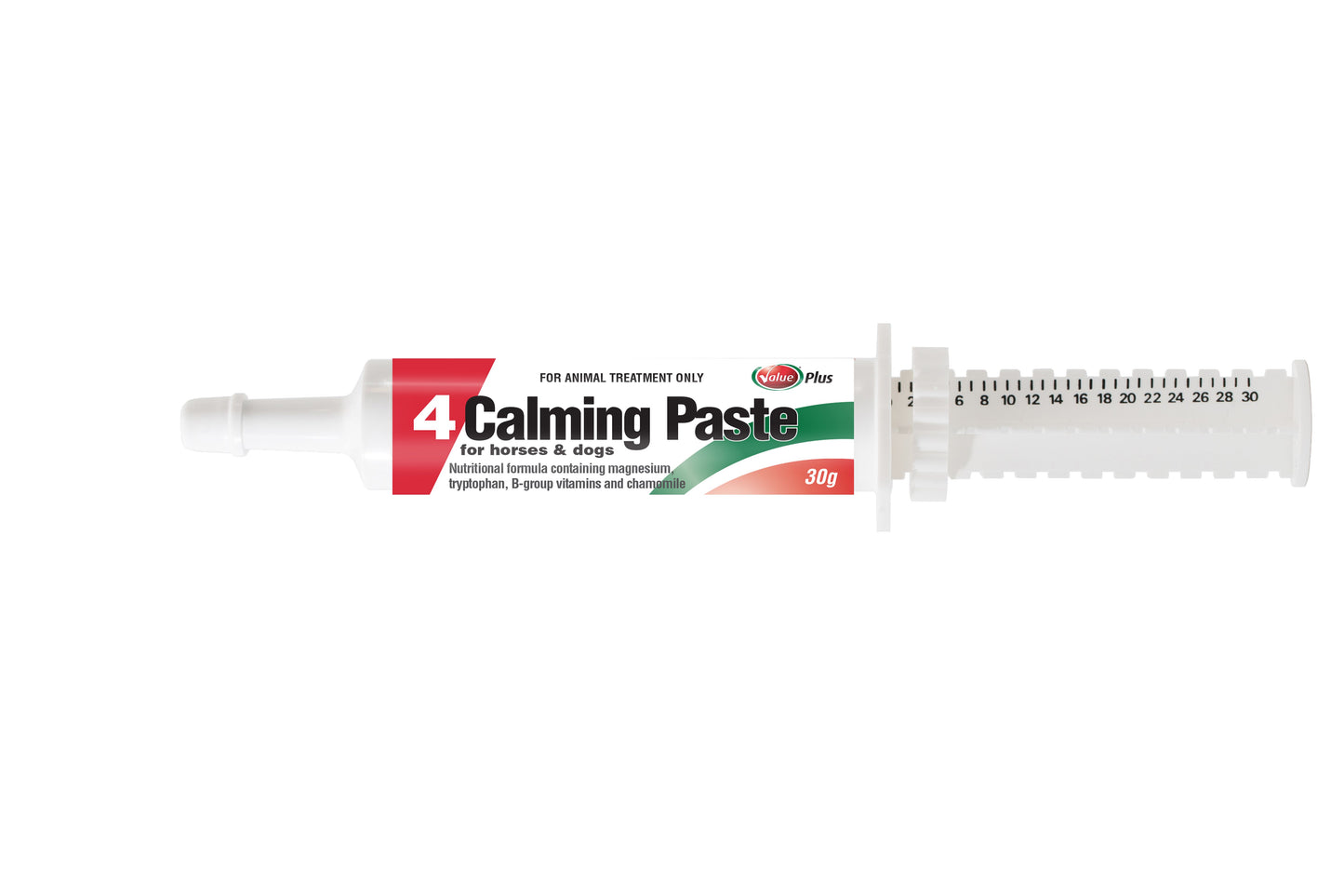 White syringe of 4 Calming Paste for horses & dogs, 30g, with red and green label.