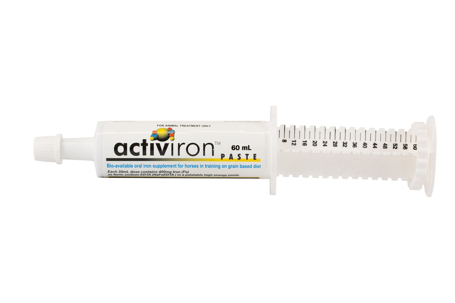 White 60ml Activiron Paste oral syringe for horses, with black text and measurement markings.