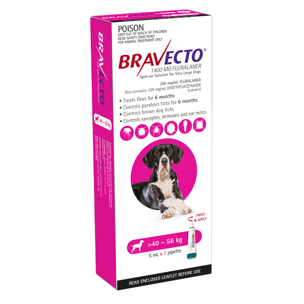 Pink Bravecto Spot-On for Very Large Dogs (40-56kg) with black and white dog graphic.