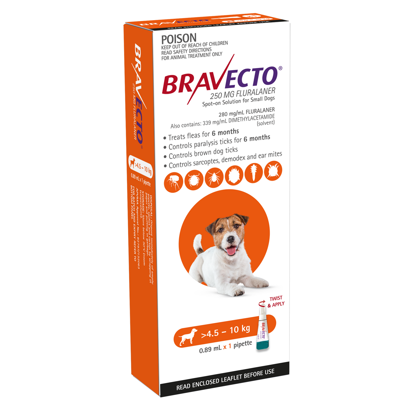 Orange Bravecto Spot-On for Small Dogs (9.9-22lbs) box with a terrier and pipette.