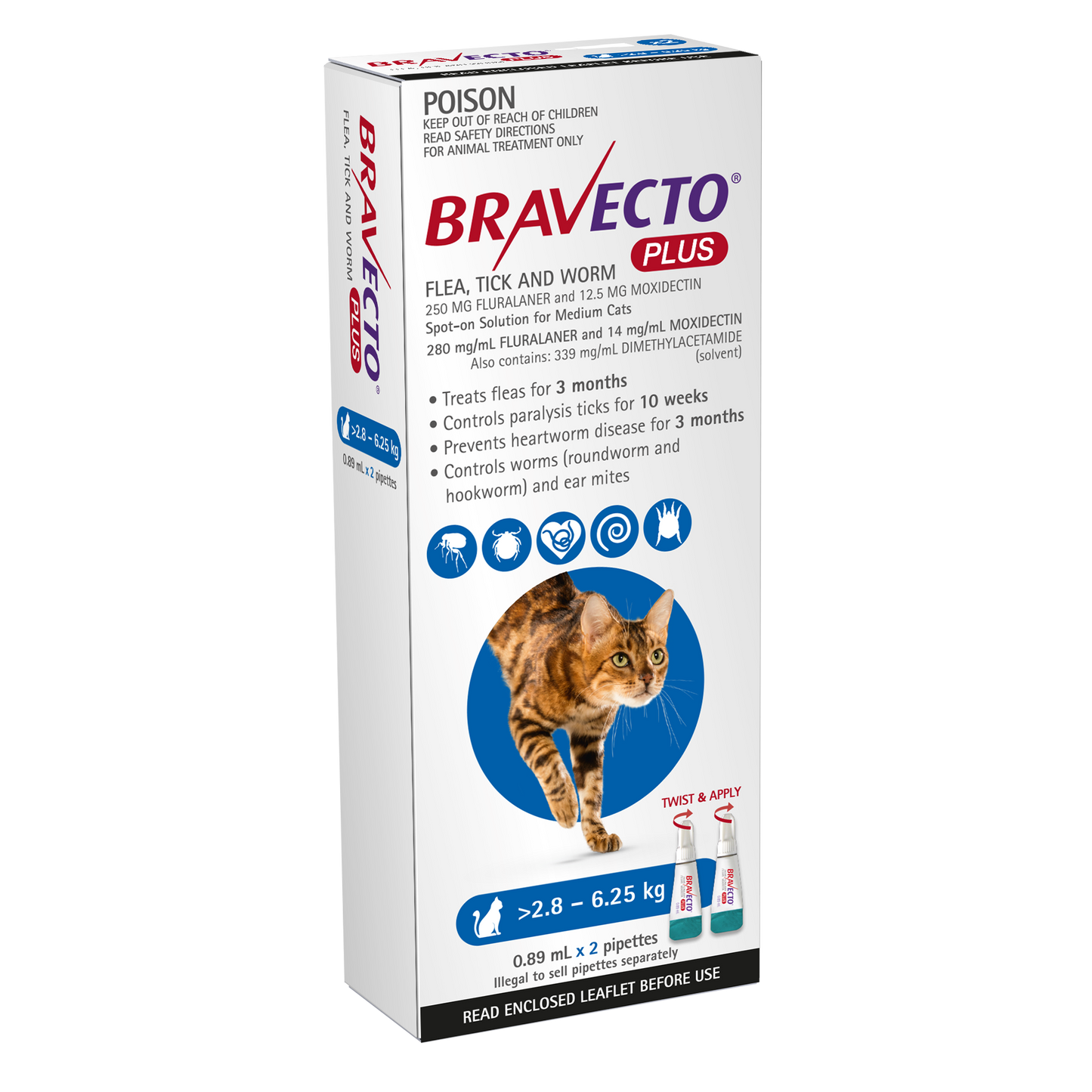 Bravecto Plus blue pack for medium cats 6.1-13.7 lbs, parasite protection
