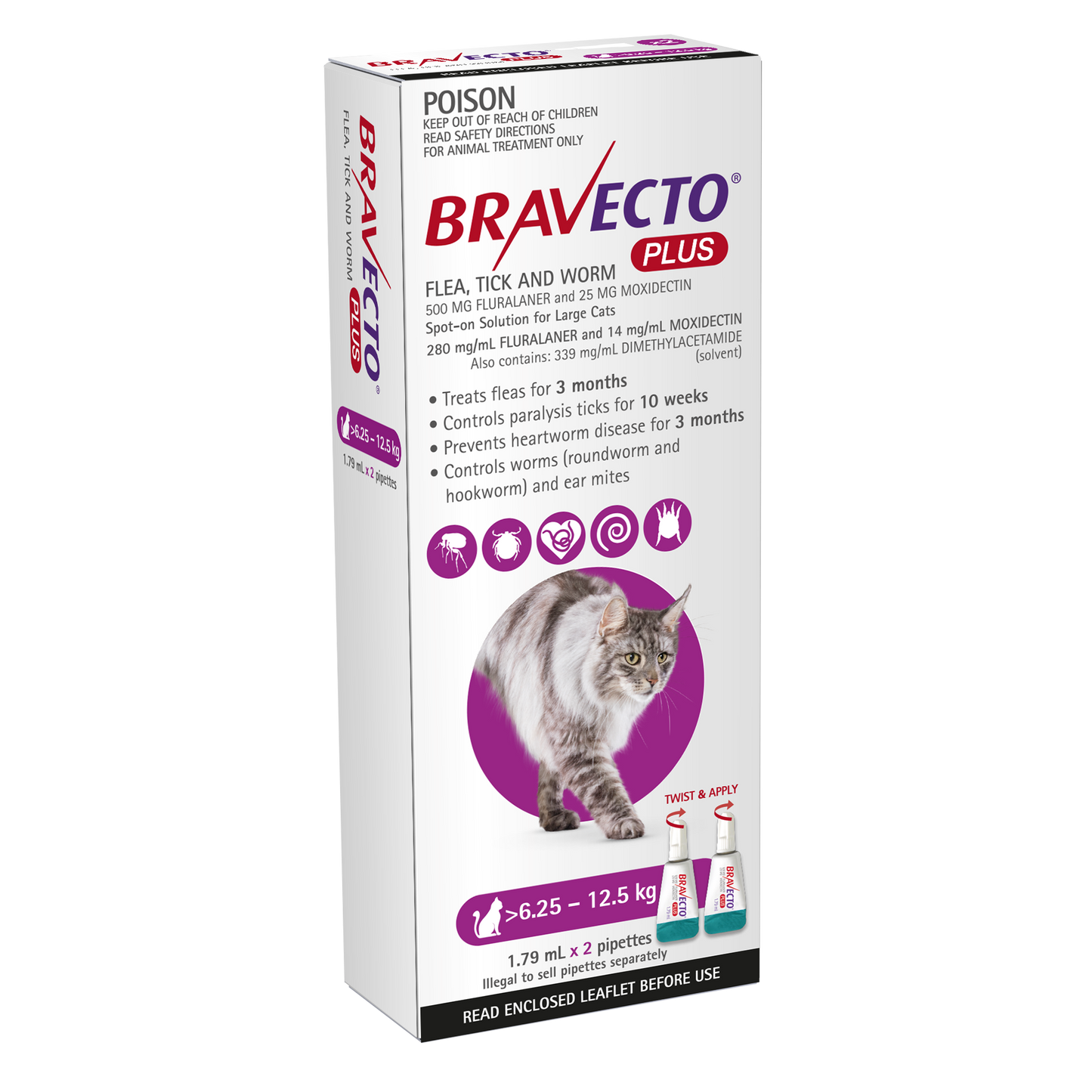 Bravecto Plus purple box for cats 13.7-27.5 lbs, broad parasite coverage