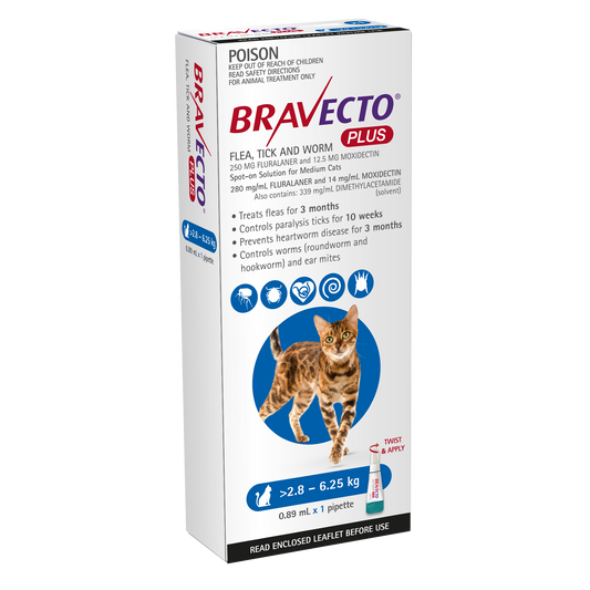 Bravecto Plus flea, tick, and worm treatment for cats 6.1-13.7 lbs, blue box