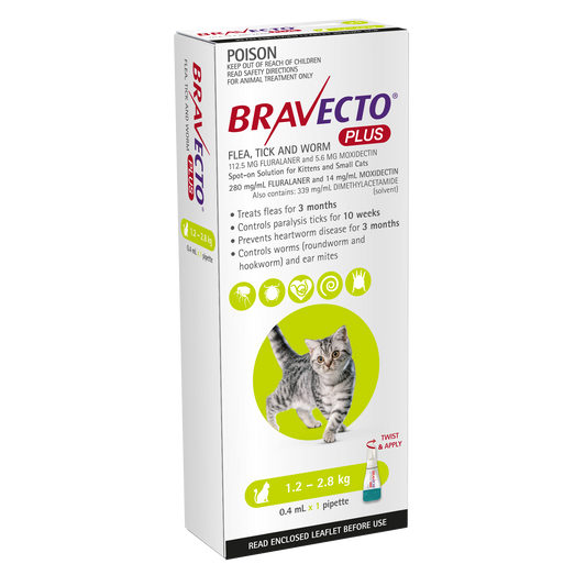 Bravecto Plus flea, tick, and worm prevention for cats 2.6-6.1 lbs, green pack