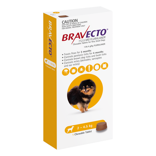 Bravecto chewable flea and tick tablet for extra small dogs 4.4-9.9 lbs, yellow pack