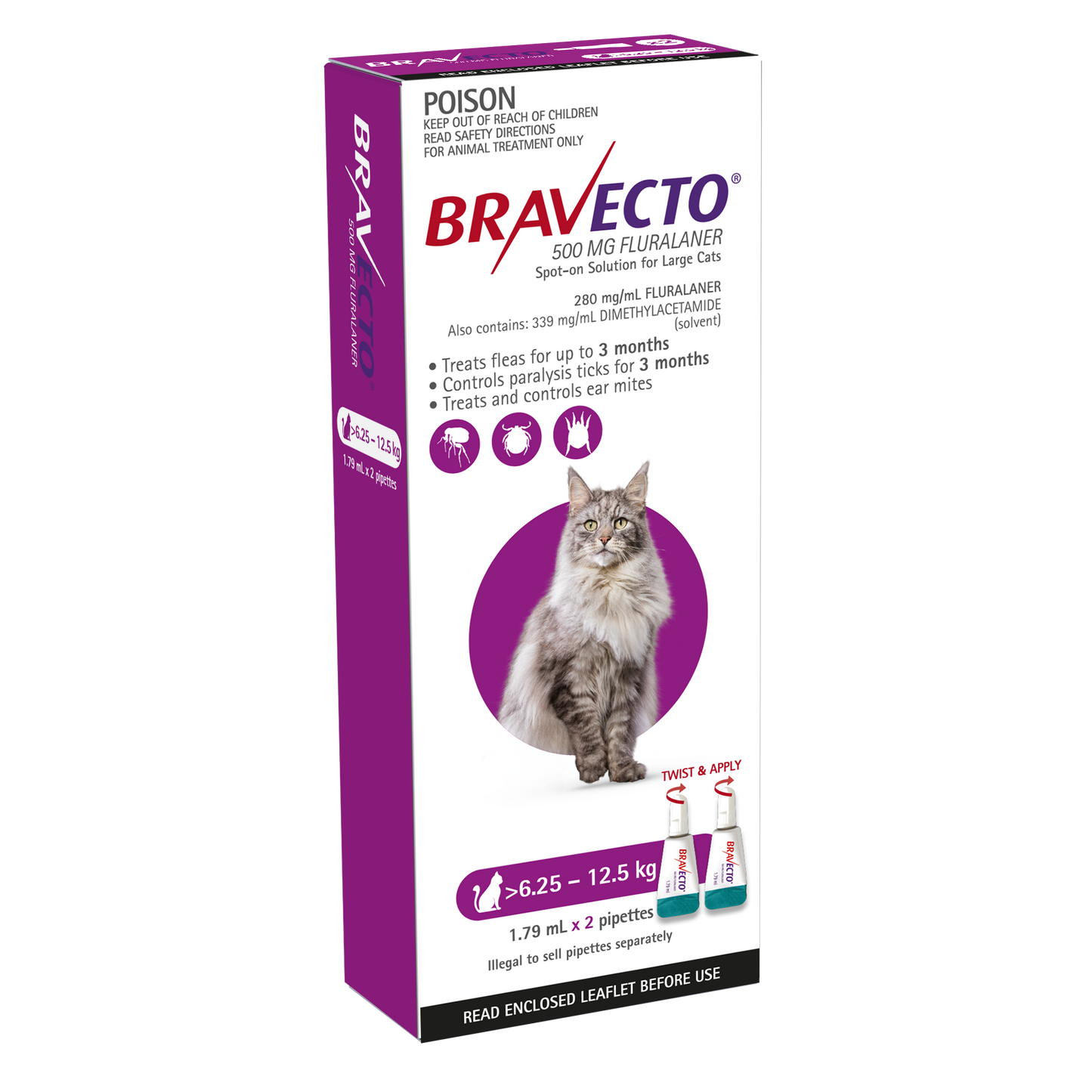 Bravecto Spot-On flea and tick prevention for large cats 13.8-27.5 lbs, purple 2 pack