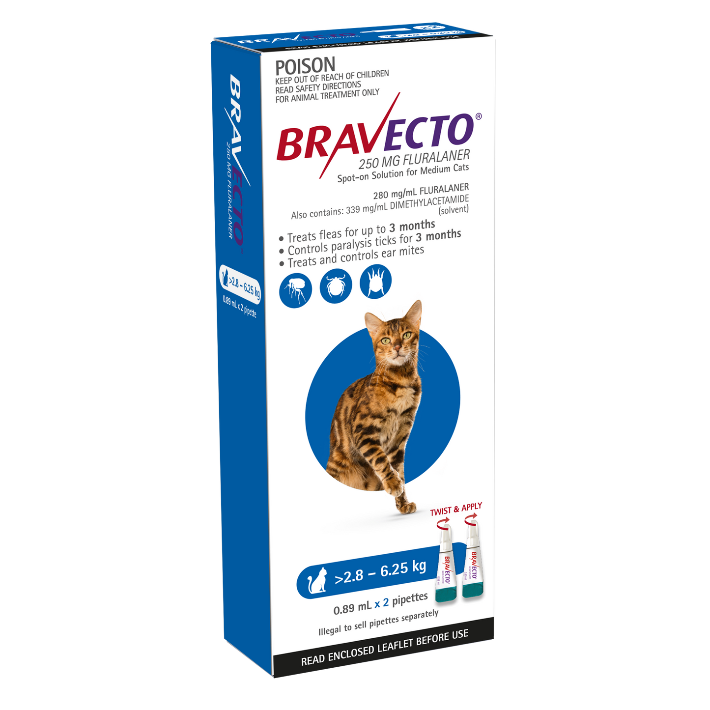 Bravecto Spot-On flea and tick treatment for medium cats 6.2-13.8 lbs, blue 2 pack