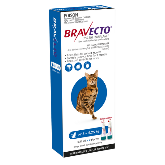 Bravecto Spot-On flea and tick treatment for medium cats 6.2-13.8 lbs, blue 2 pack