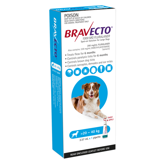 Bravecto Spot-On flea and tick treatment for large dogs 44-88 lbs, single blue pack