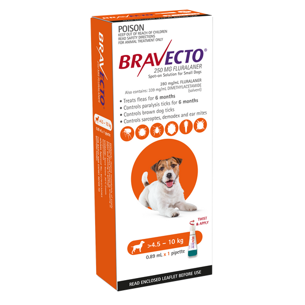 Orange Bravecto Spot-On for Small Dogs (9.9-22lbs) box with a terrier and pipette.
