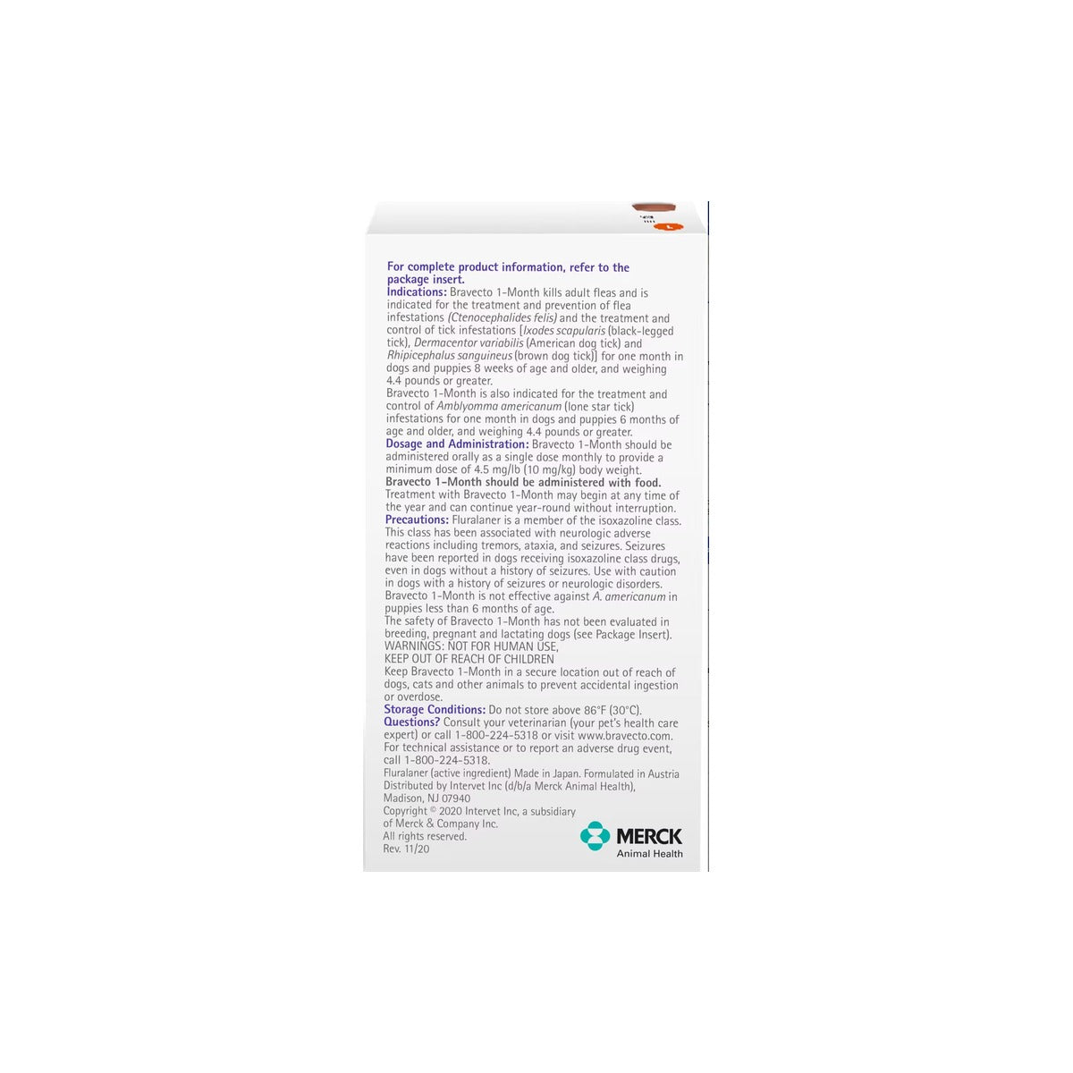 Bravecto 1-Month Chew Dogs 9.9-22lbs Orange – back of pack