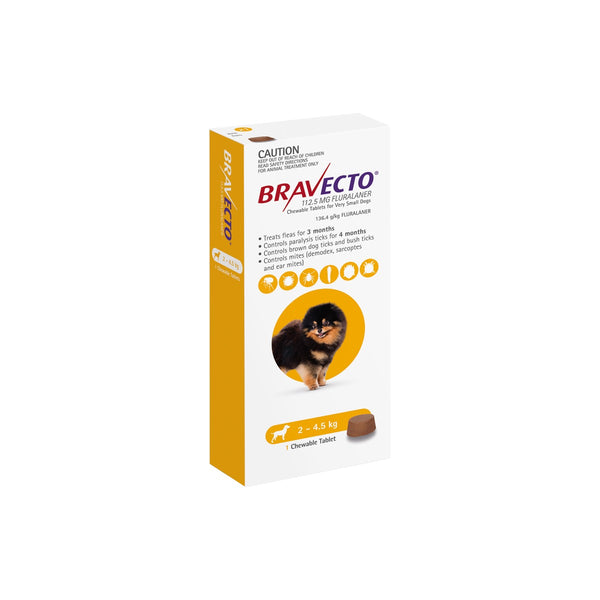 Bravecto Chewables for Extra Small Dogs 4.4-9.9 lbs 2-4.5 kg Yellow – front of pack – front of pack