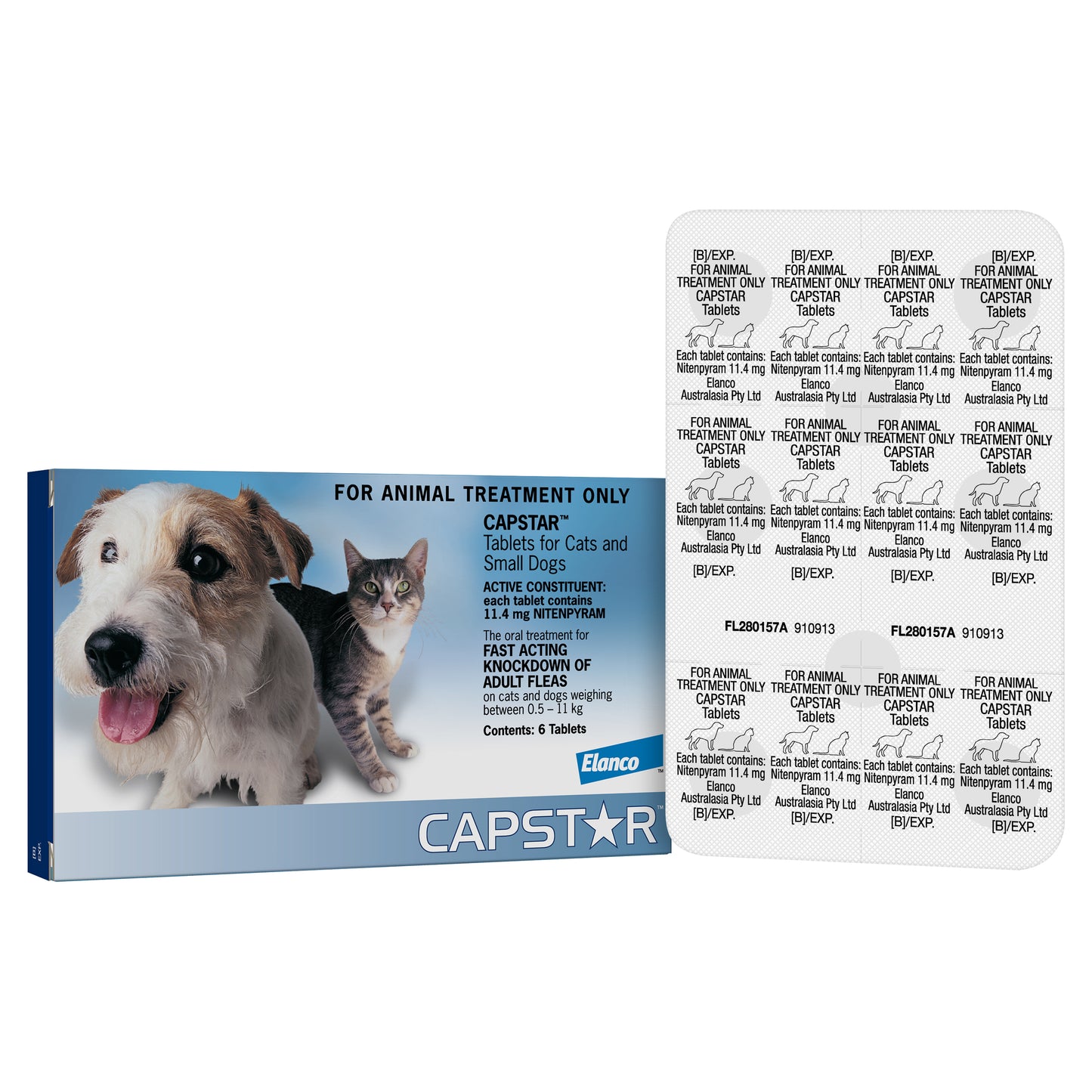 Capstar flea tablets for small cats and dogs, blue box with dog and cat, and silver blister pack.