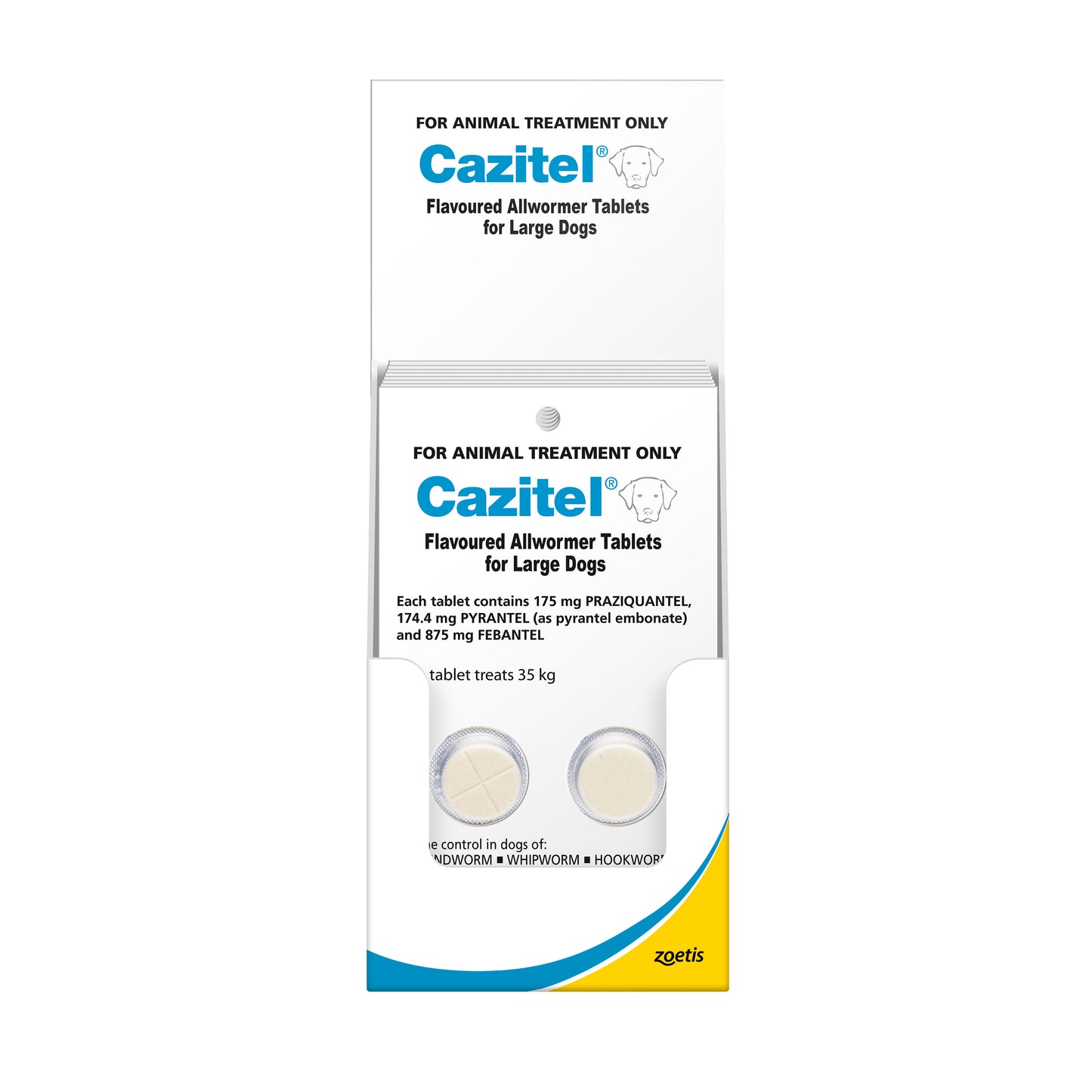 White Cazitel Allwormer for Large Dogs box with two round, light-colored tablets in blister packs.