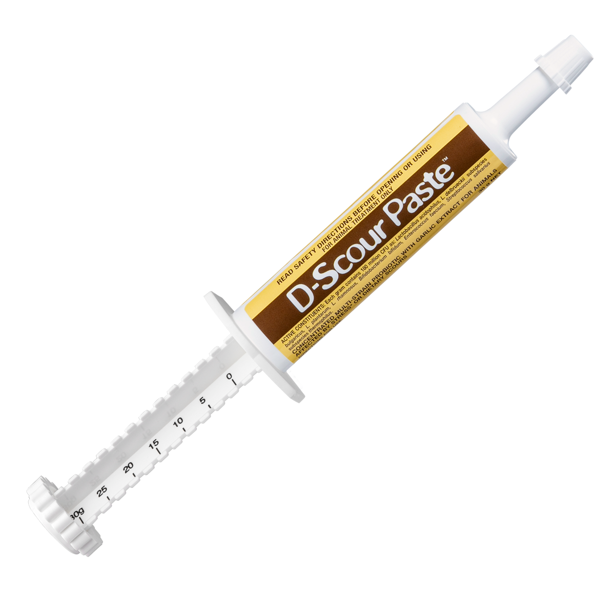 White D-Scour Paste 30g syringe with brown and yellow label, angled view.