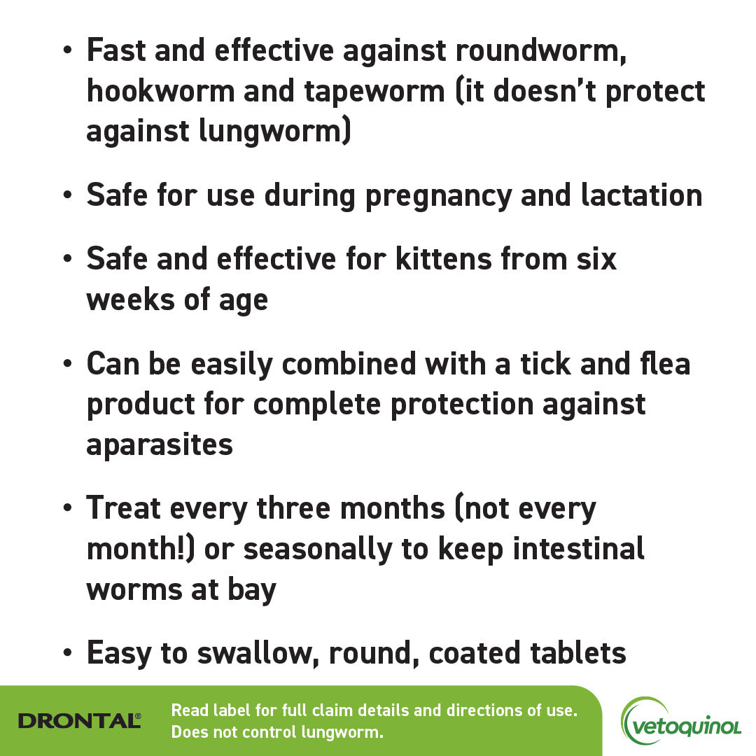 White text on a dark gray background listing benefits of Drontal Allwormer for cats, with green branding at the bottom.