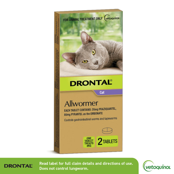 Drontal Allwormer for Cats, a brown and purple box featuring a grey cat, contains 2 tablets for cats up to 4kg.