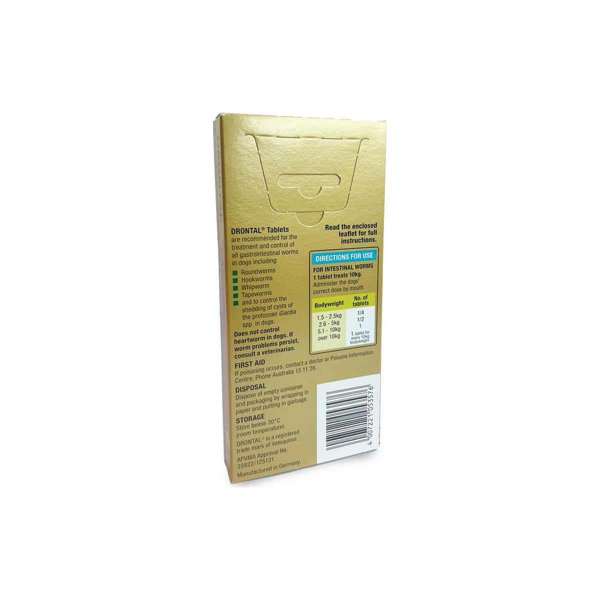 Drontal Allwormer for Medium Dogs Up to 22lbs 10kg – back of pack – back of pack