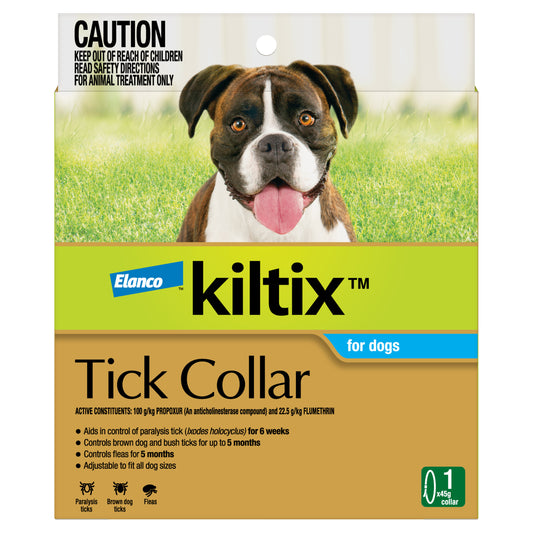 Kiltix flea and tick collar for dogs, yellow packaging front view