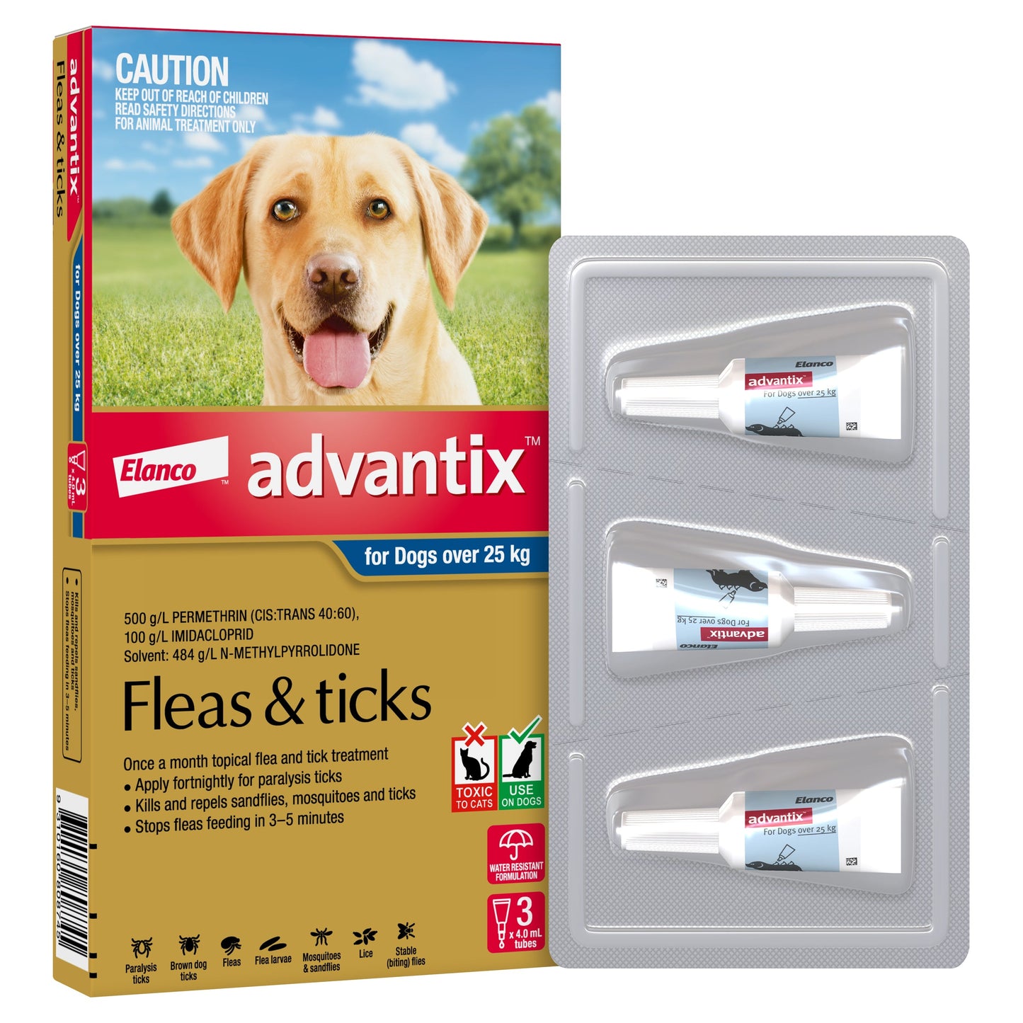 K9 Advantix for Dogs over 25kg, red and white box with a golden retriever, showing three topical tubes.
