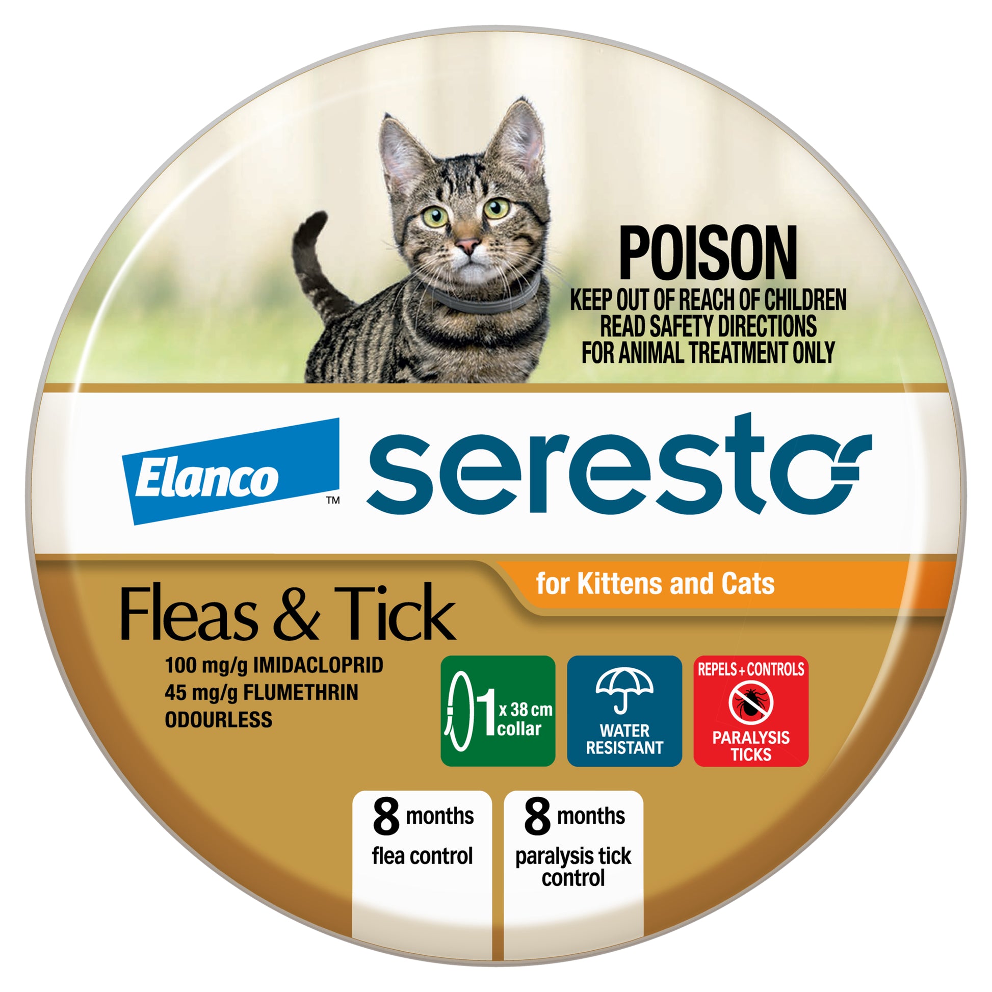 Close-up of Seresto flea and tick collar for cats in orange packaging