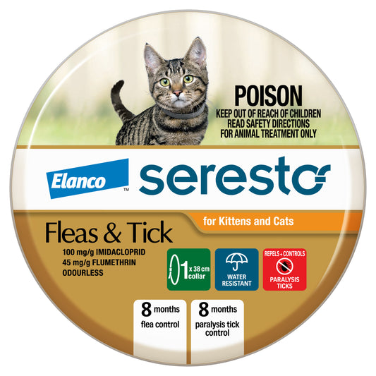 Close-up of Seresto flea and tick collar for cats in orange packaging