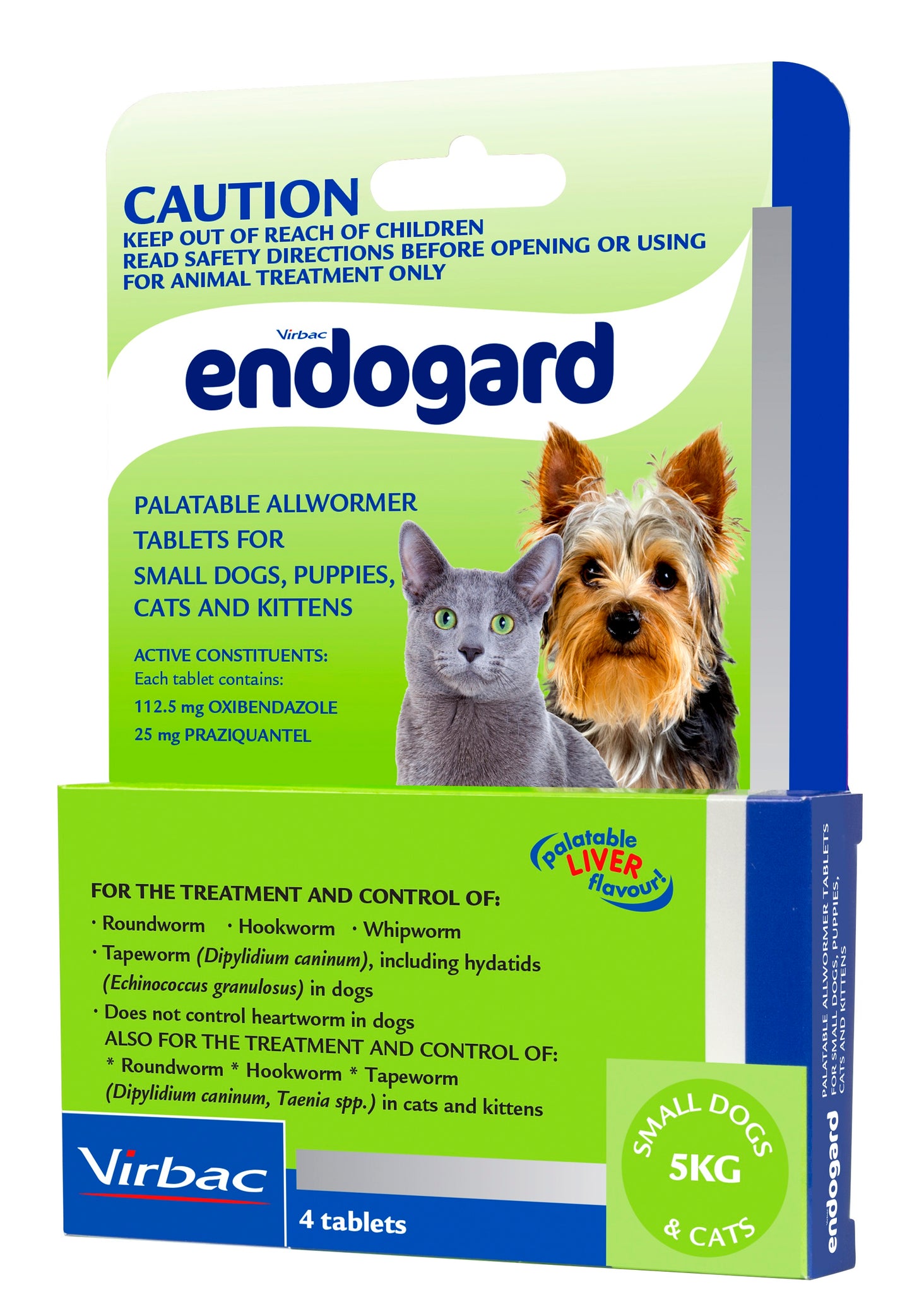 Green and blue Endogard allwormer box for small dogs and cats, featuring a Russian Blue cat and a Yorkshire Terrier.