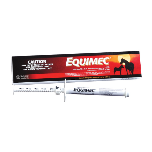 Equimec Paste box with a red and black design featuring horses, alongside a white oral syringe.