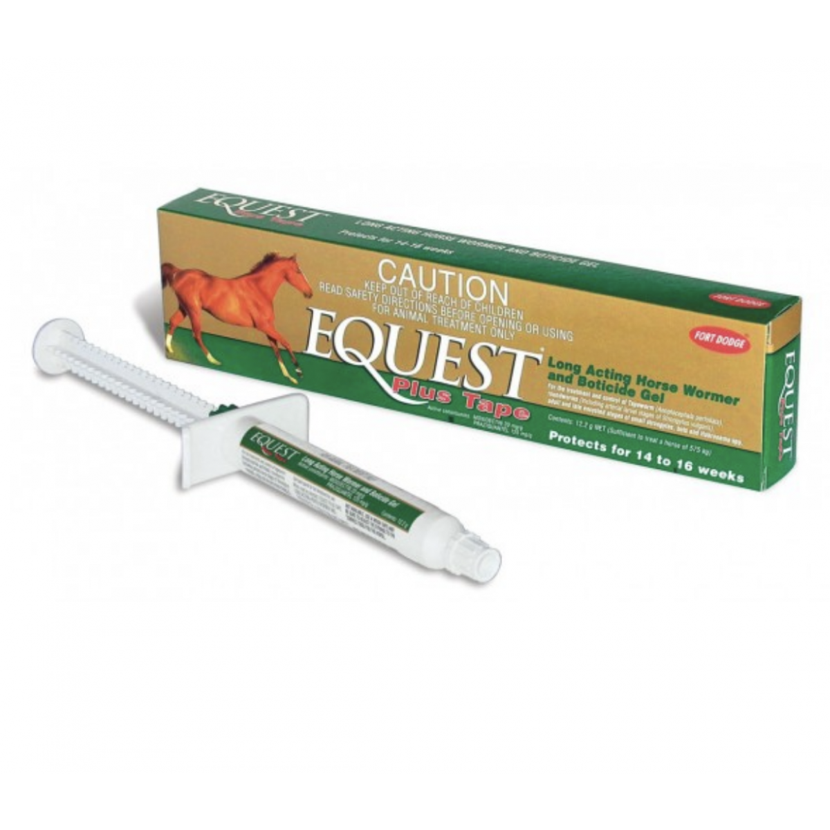 Equest Plus Tape horse wormer syringe and green box with a running horse graphic.