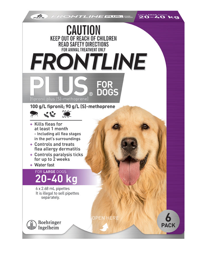 Frontline Plus flea & tick treatment for large dogs 20-40 kg, purple box with a golden retriever.
