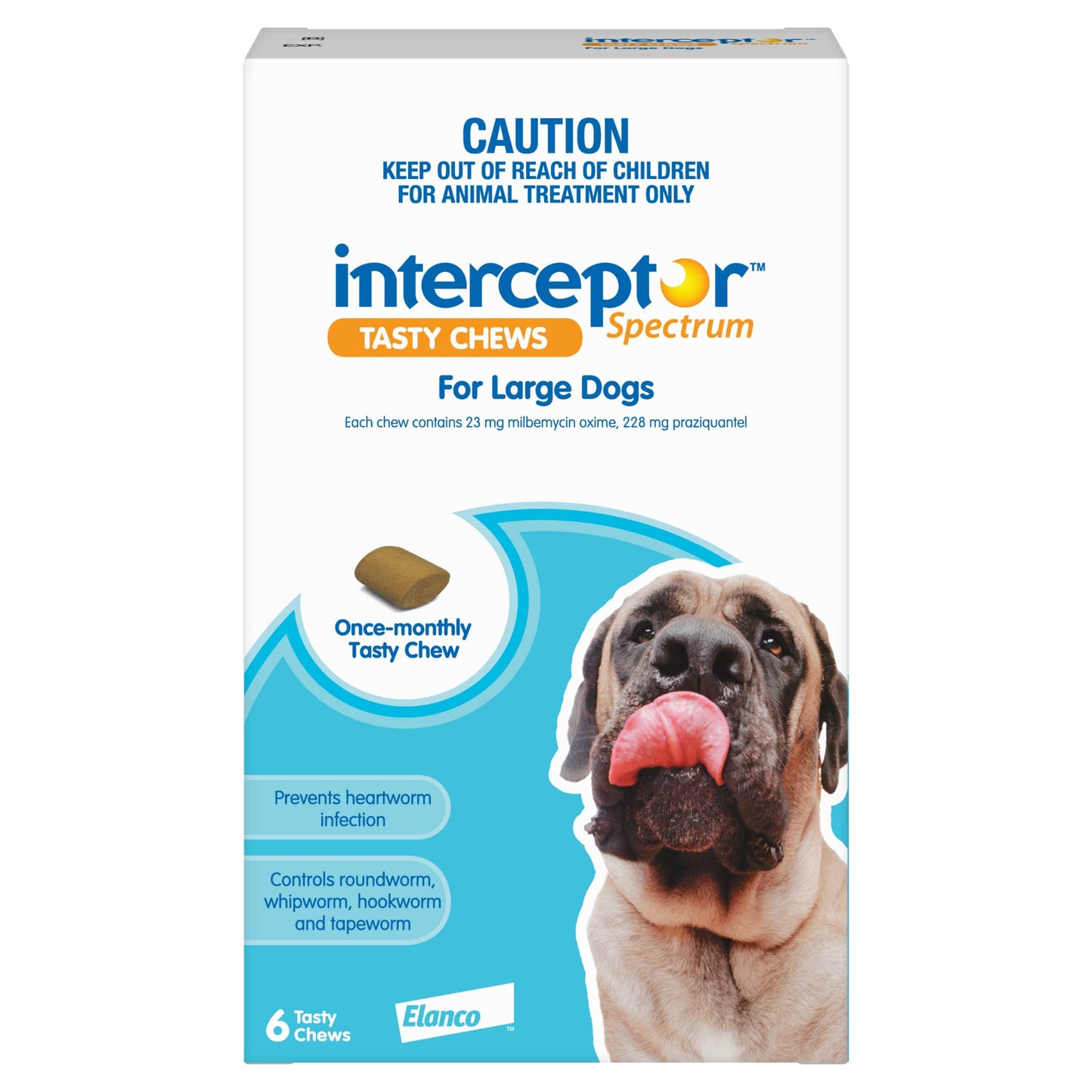 Interceptor Spectrum Tasty Chews for Large Dogs, white and blue box with a dog and a chew.