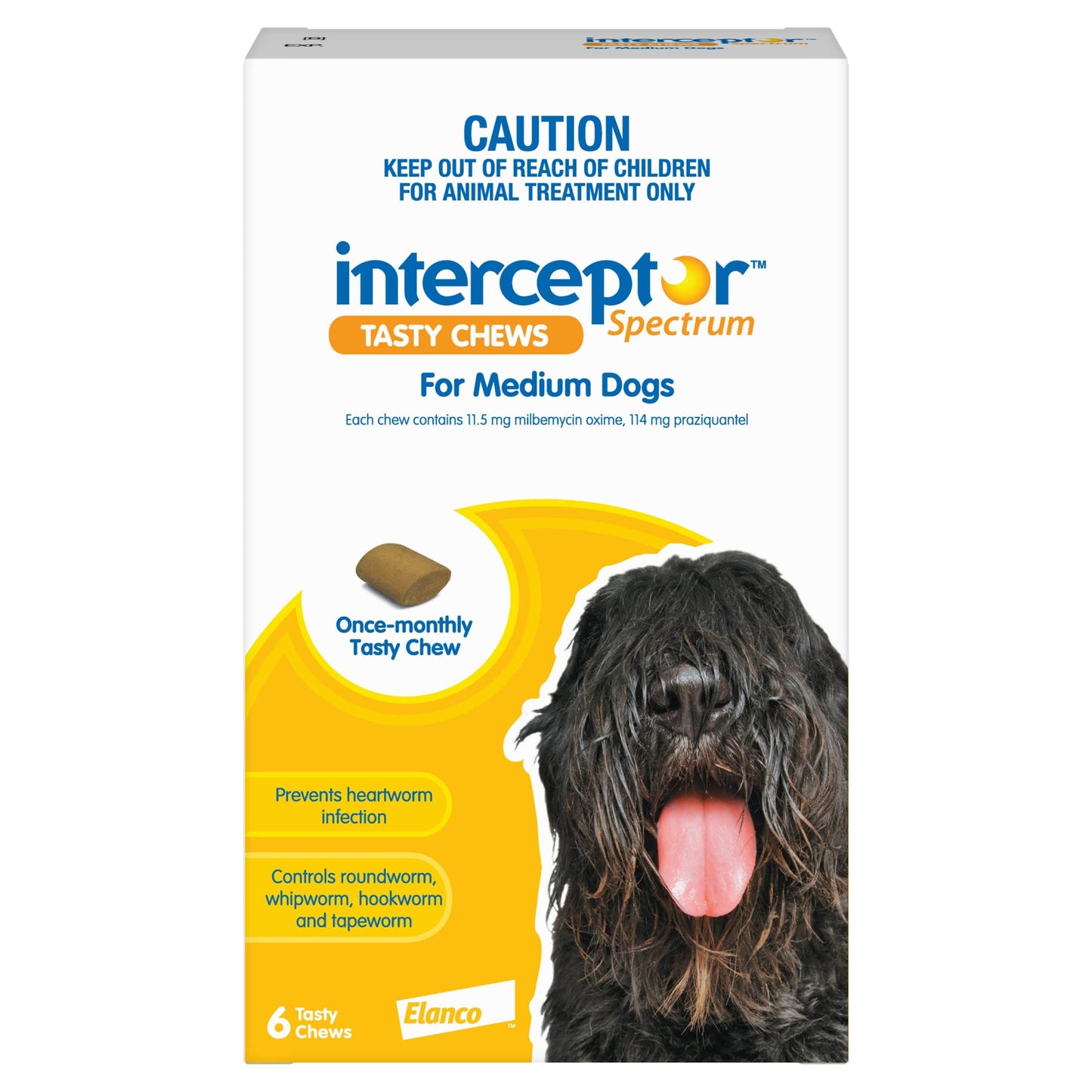 Interceptor Spectrum Tasty Chews for Medium Dogs, white and yellow box with a black dog and a single brown chew.