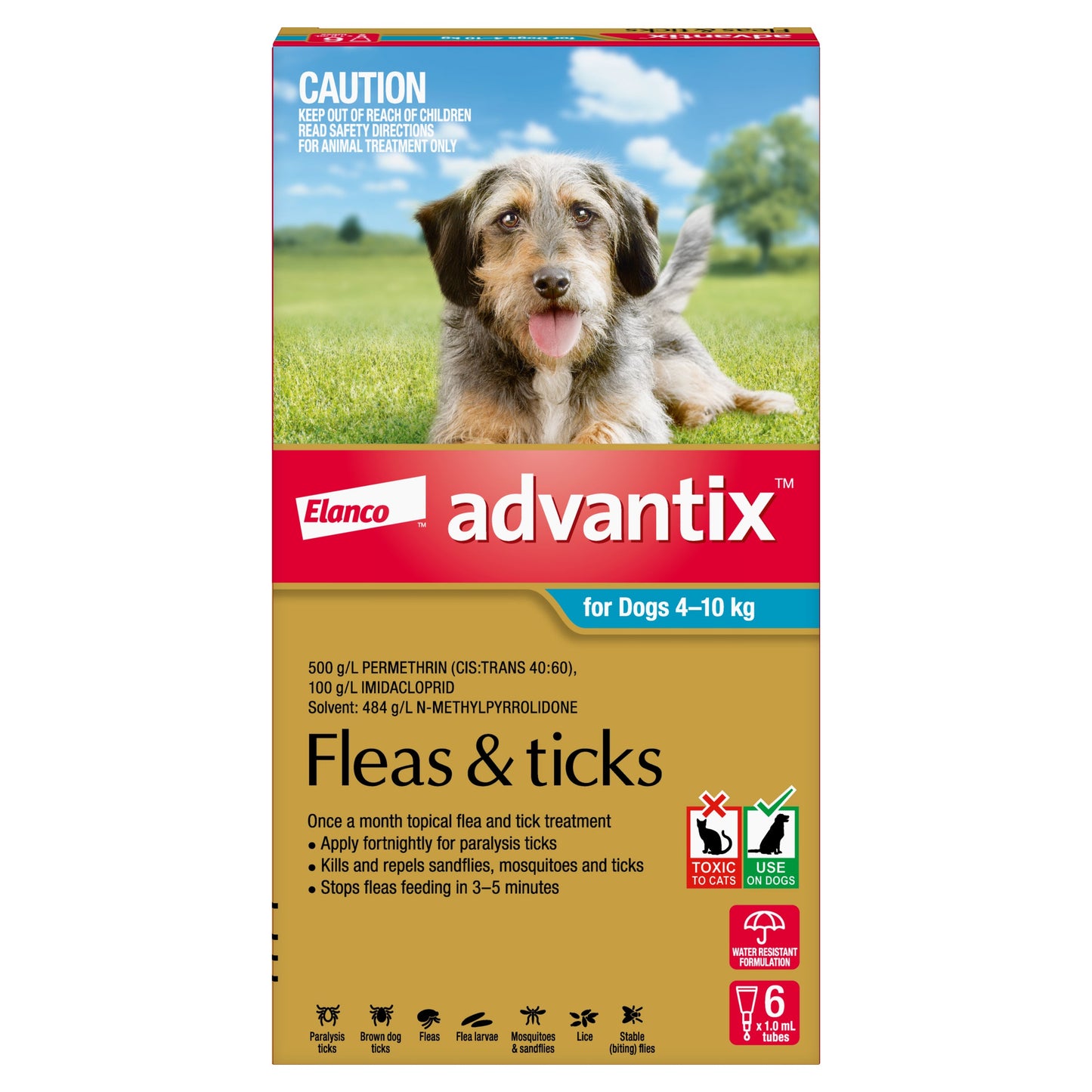 K9 Advantix for Dogs 4-10kg box with a terrier mix dog, red and blue branding.