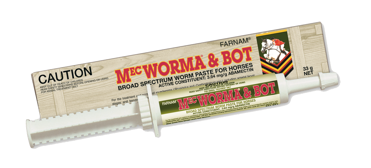 Farnam MecWorma & Bot 33g horse worm paste syringe with green label and matching box.