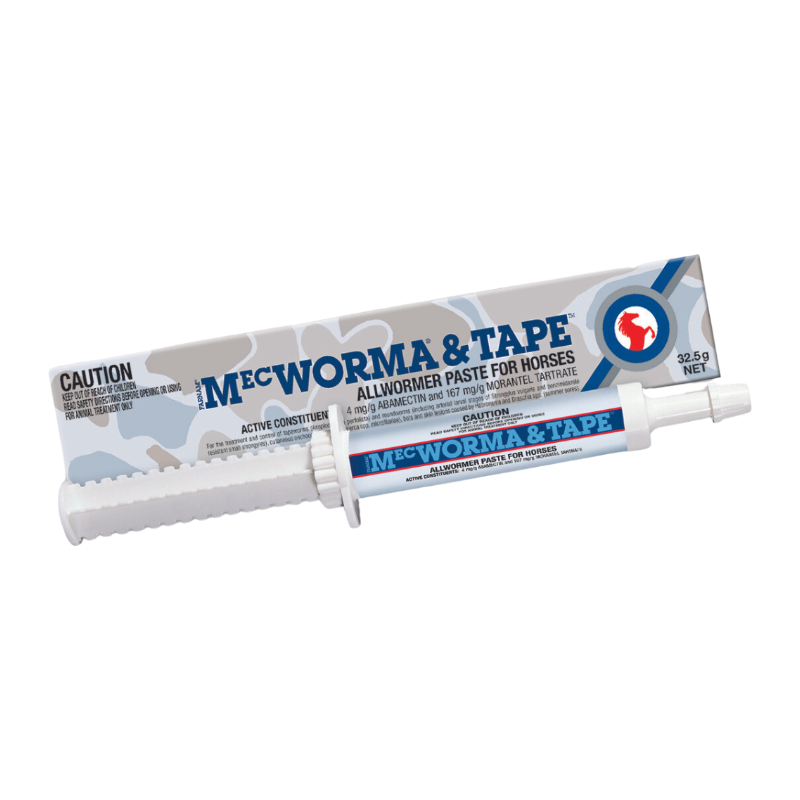 A tube of Mec Worma & Tape allwormer paste for horses, shown with its retail packaging on a plain white background.