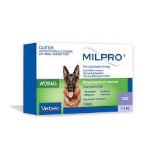 White and blue Milpro Broad Spectrum Allwormer box for dogs, featuring a German Shepherd.