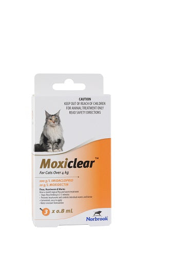 Moxiclear Spot On for Cats Over 4kg (8.8 lbs) orange box with a cat image and product details.