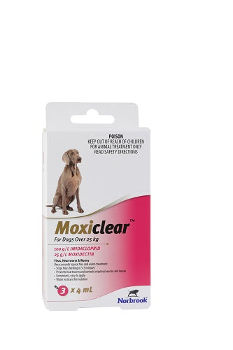 Moxiclear Spot On for Dogs over 55lbs, pink and white box with a brown dog graphic.