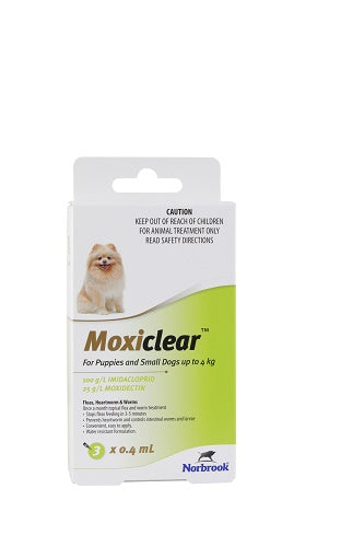 Moxiclear spot-on treatment for puppies & small dogs up to 8.8lbs, white box with green accents.
