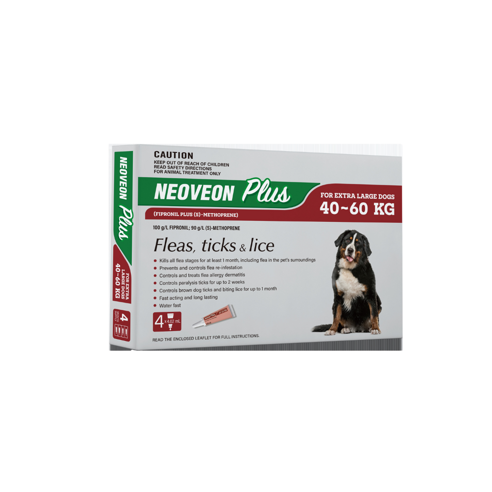Neoveon Plus 4-pack for extra large dogs (40-60 kg) with a black and white dog on the white and green box.