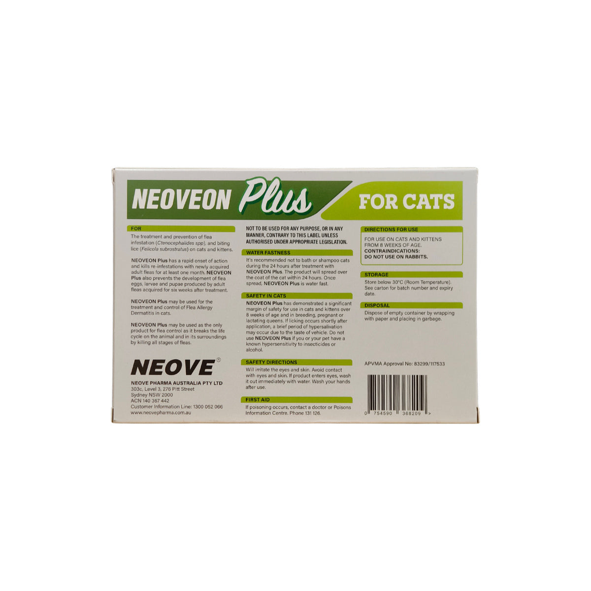 Neoveon Plus For Cats 4pk – back of pack