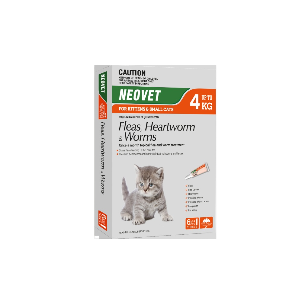 Neovet Orange 6-pack for kittens and small cats up to 4kg, showing box with kitten and applicator.