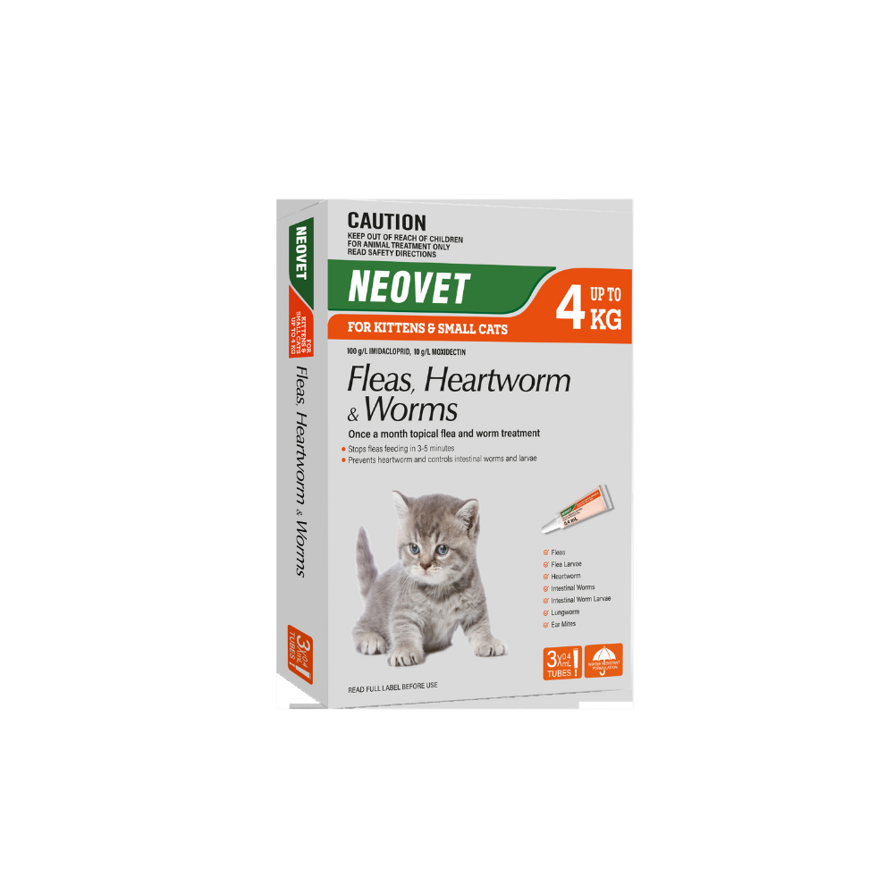 Neovet Orange 3-pack for kittens & small cats up to 4kg, showing a kitten and product details.