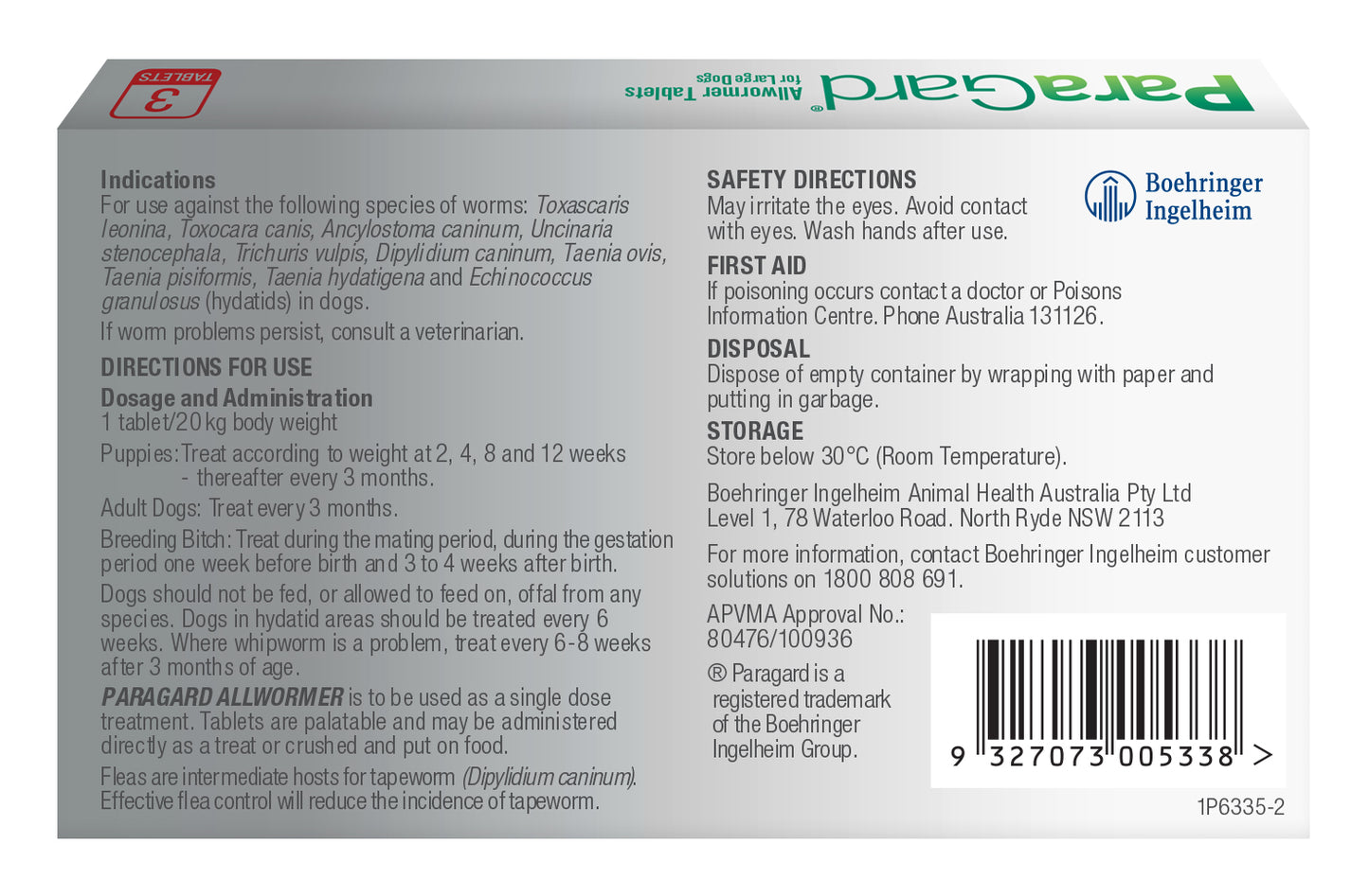 ParaGard Allwormer Dog Large 3-pack, white box with red and green branding, safety warnings, and dosage info.