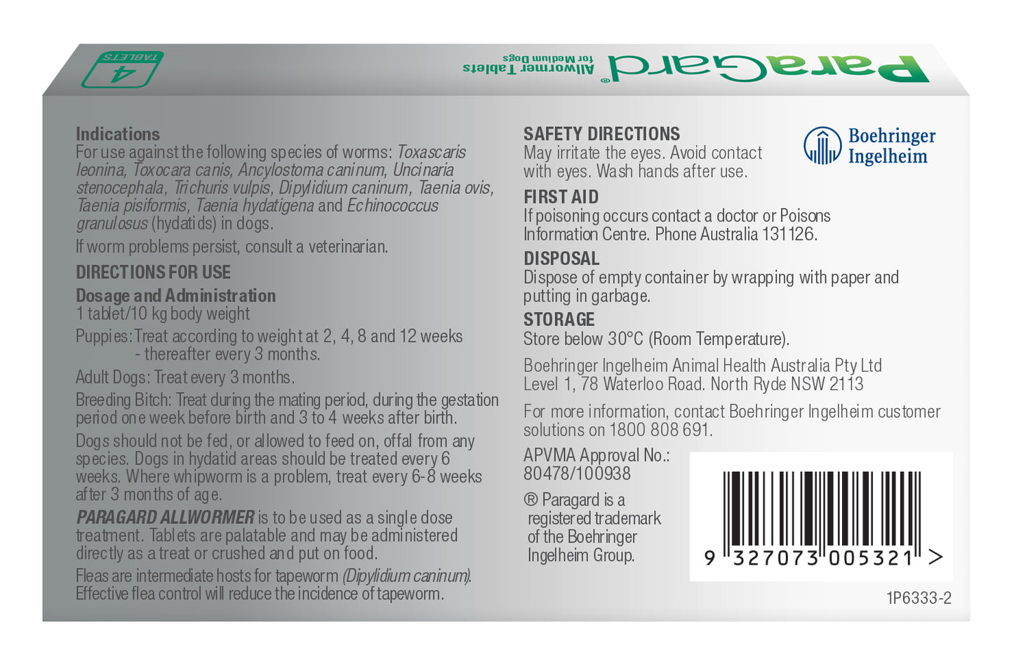 White ParaGard Allwormer Dog Medium Up to 22lbs box with green branding and text, showing dosage and safety info.