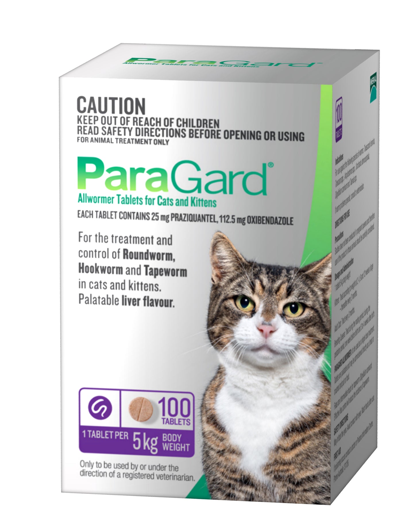 White box of ParaGard Allwormer Tablets for Cats, featuring a tabby cat and "100 Tablets" in purple.