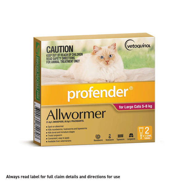 Profender Allwormer spot-on for large cats, 5-8kg, in a yellow and purple box with a white cat.