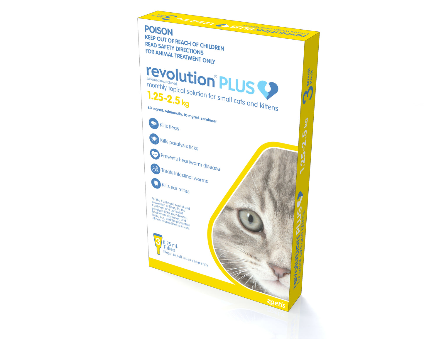 Revolution Plus topical solution for cats 2.8-5.5 lbs, yellow box packaging