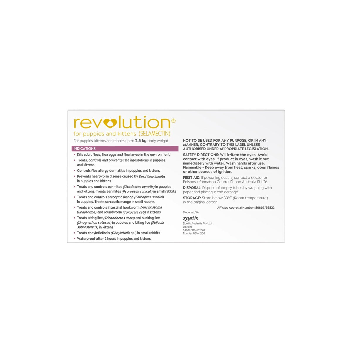 Revolution for Puppies & Kittens 0-5.5 lbs Mauve – back of pack – back of pack