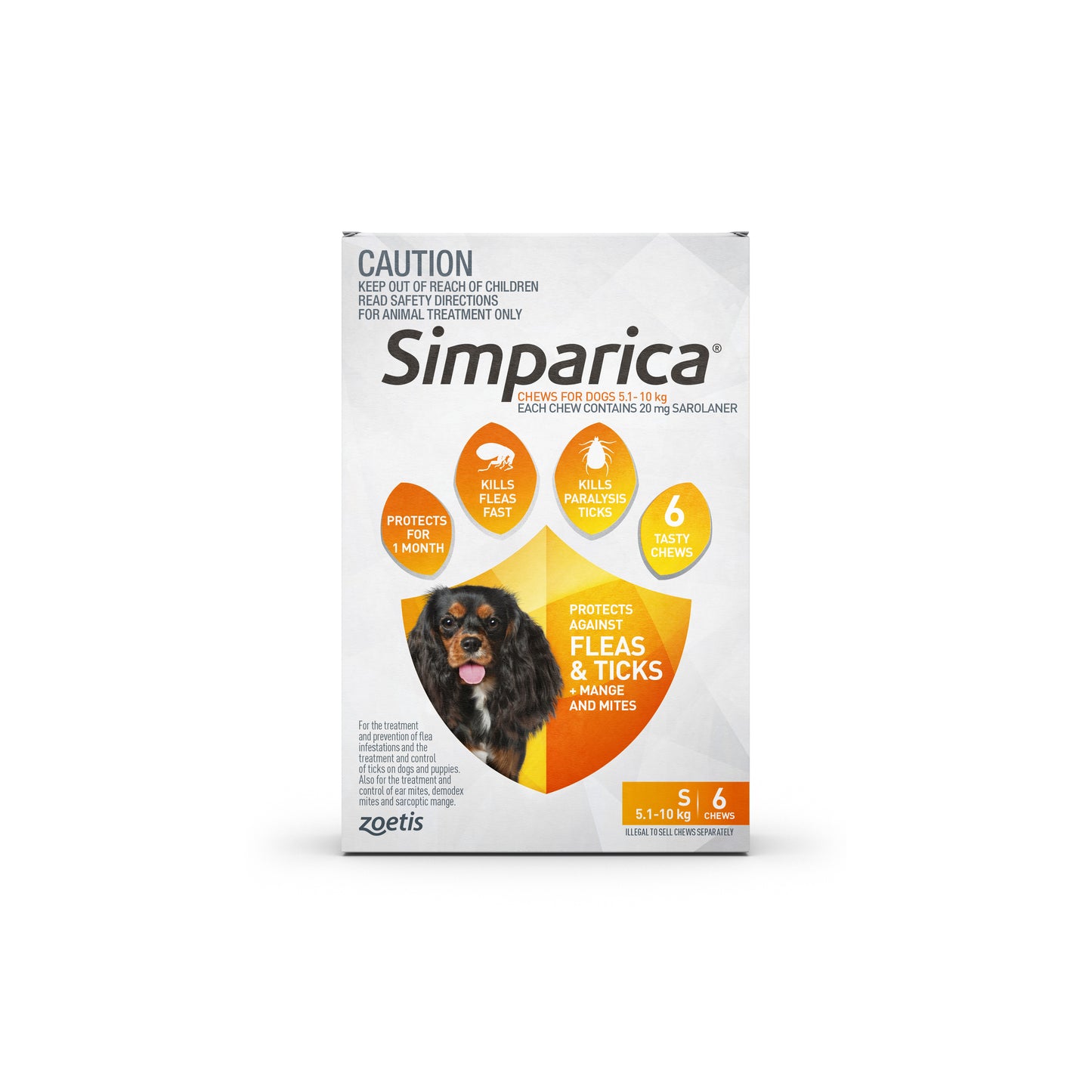 Simparica orange box for small dogs 5.1-10kg, 6 tasty chewables, protects against fleas, ticks, and mites.